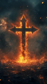 Flaming cruciform monolith in apocalyptic vertical composition.