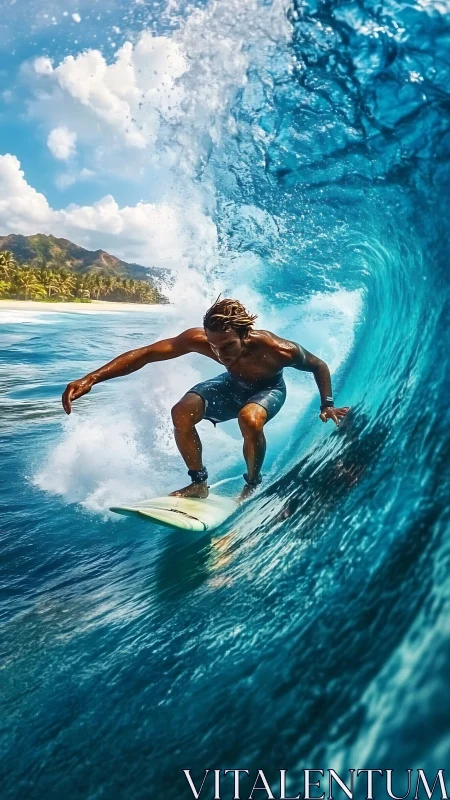 Sunlit surfer carves inside a glowing tropical blue wave