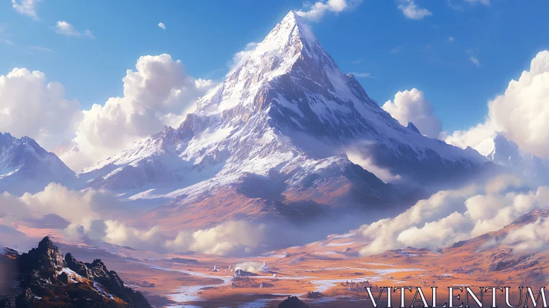 Snow-covered mountain peak dominates wide open valley