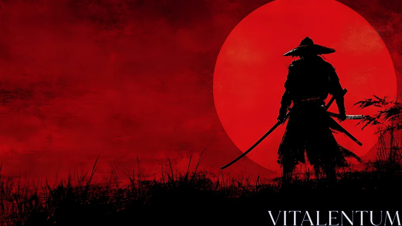 Lone ronin silences the horizon beneath a bleeding sun.