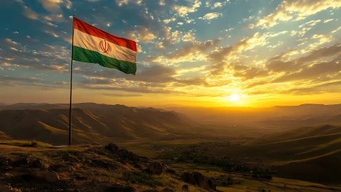 Iranian flag stands over wide valley landscape at sunset