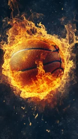 Basketball is rendered engulfed by flames against dark space