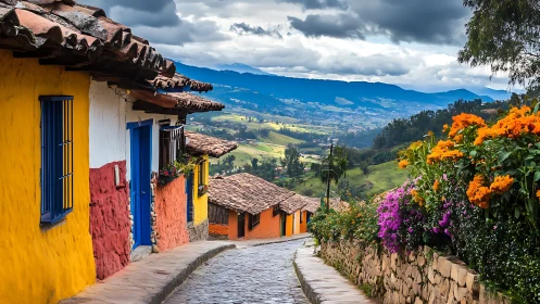 Colorful hillside village street overlooks lush valley