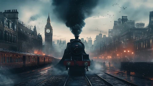 Steam train rolls into a moody London dusk station.