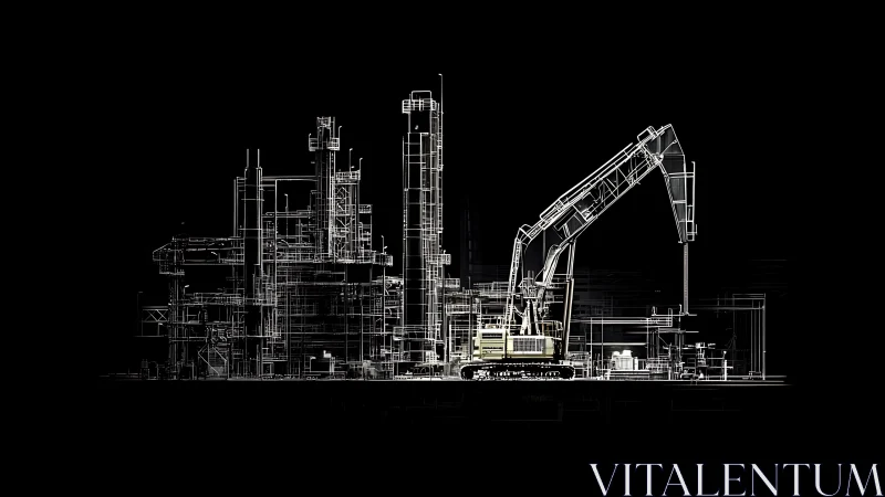 Neon Wireframe Excavator Guarding a Ghosted Industrial City.