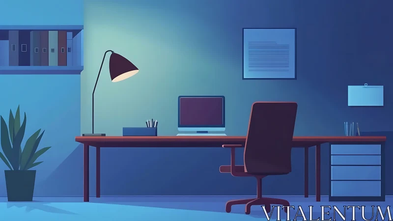 Minimal home office desk with computer in blue lighting.