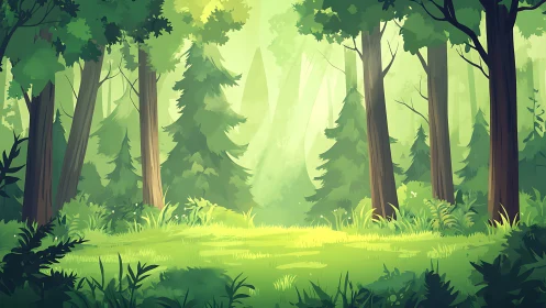 Serene Forest Clearing Where Light Dances Through Ancient Trees.