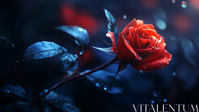 Luminous Red Rose Against a Mystical Blue Night.