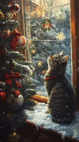 Digital painting of Christmas cat at frosted window tableau.
