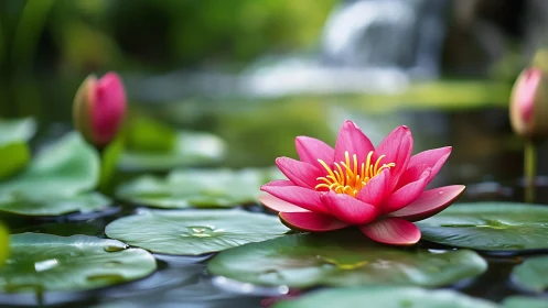 Pink Water Lily Floating in Garden Pond