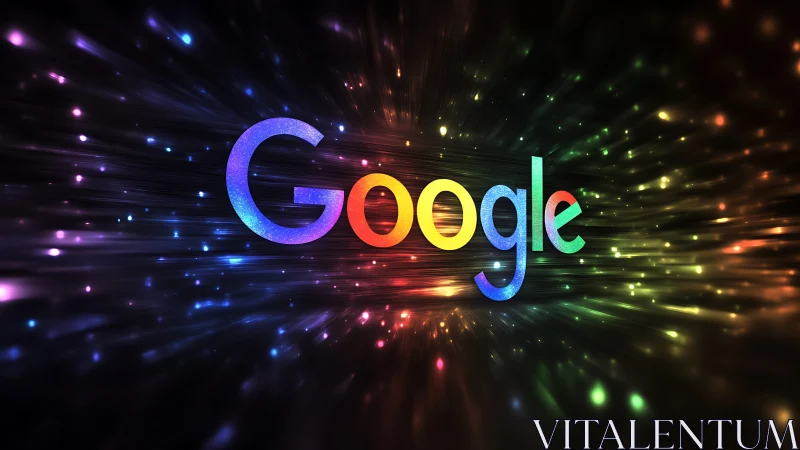 Google logotype on multicolored radial light streak background.