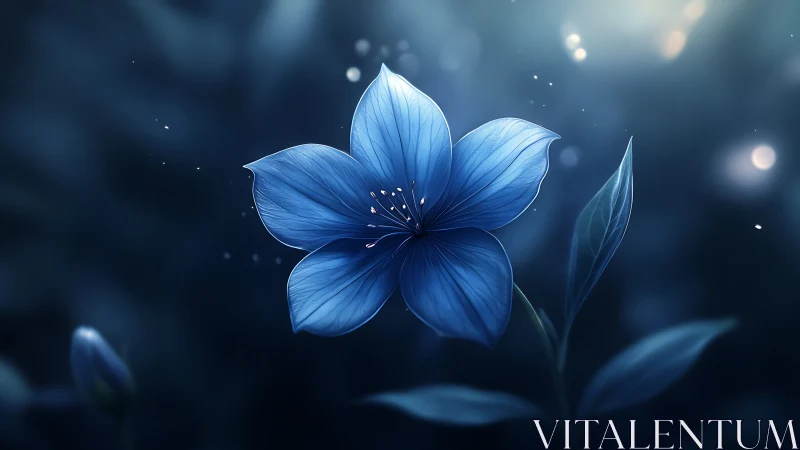Blue five-petaled flower with luminous bokeh background