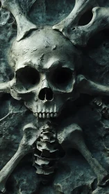 Weathered human skeleton relief carved into rough stone wall.