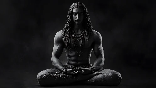 Monochrome statue of muscular male figure in deep meditation.
