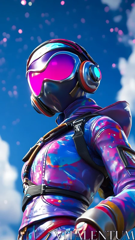 Neon armored astronaut under vivid blue sky perspective.