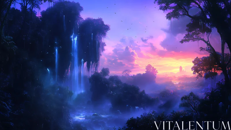 Bioluminescent waterfalls glow in a misty alien jungle at dusk.