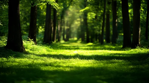 Sunlit Forest Path with Lush Greenery in Tranquil Morning Light.