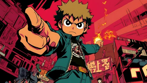Boy with flaming fists confronts viewer in stylized city street