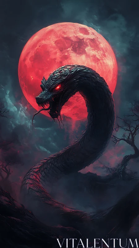 Serpentine elder dragon eclipsing crimson supermoon horizon