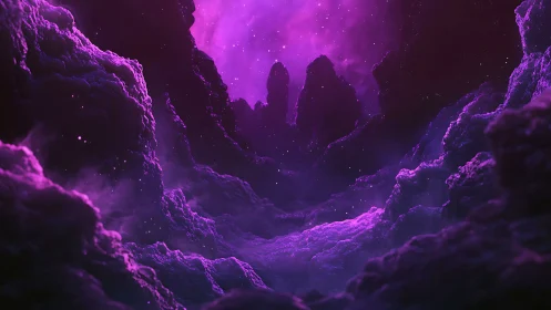 Vivid purple cosmic canyon with glowing nebula clouds.