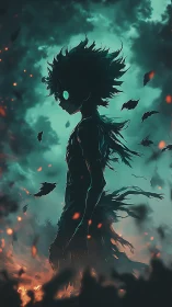 Silhouetted ember‑wreathed figure in volatile teal stormscape.