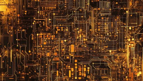 Golden circuit board network glows with futuristic energy