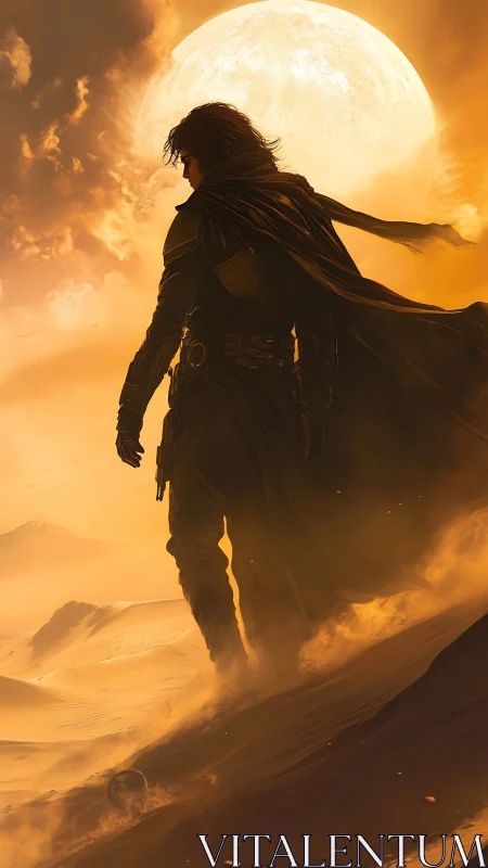 Cloaked wanderer descending irradiated dunes at stellar dusk.