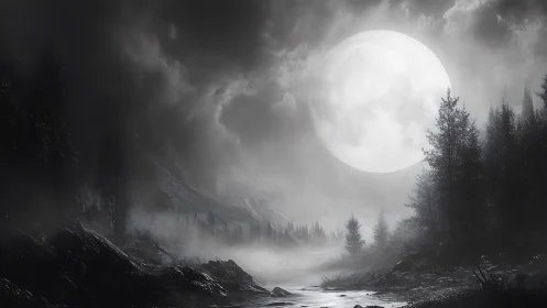 Vast full moon over misty monochrome forest valley scene