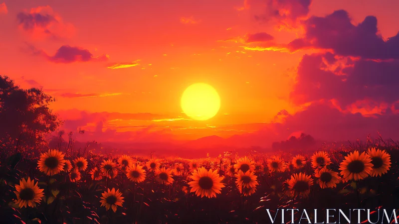 Hyper-saturated sunflower field under low-angle solar disc at dusk