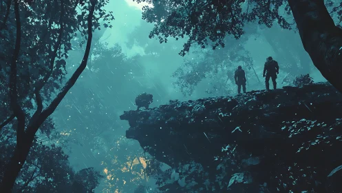 Rain-soaked soldiers exploring misty forest cliffside vista.