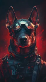 Tactical canine pilot in high-contrast neon combustion lighting.