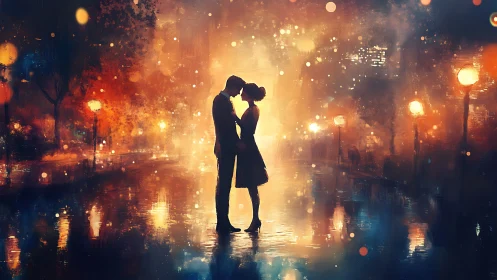 Urban Silhouette Embrace: Rain-Soaked Couple Against Nocturnal Cityscape.