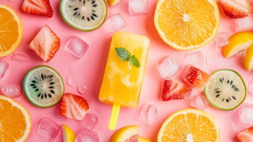 Citrus ice lolly rests amid sliced fruit and melting cubes