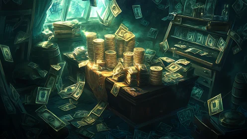 Storm of banknotes around glowing stacks of gold coins.