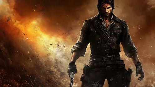 Lone gunslinger strides from blazing explosive inferno.