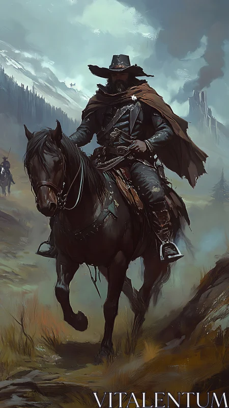 Lone frontier ranger rides warhorse through stormed pass.