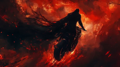 Silhouetted motorcyclist amid red abstract fiery clouds.