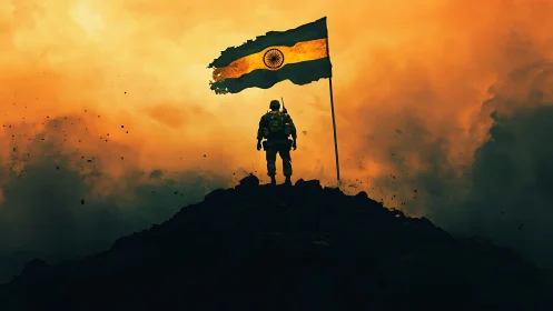 Soldier stands on dark ridge beneath large Indian flag