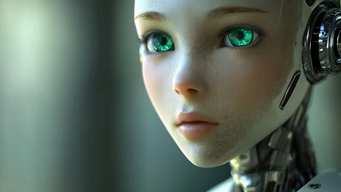 Closeup portrait of humanoid robot with green synthetic eyes.