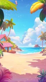 Tropical Beach Scene with Colorful Cottage Architecture