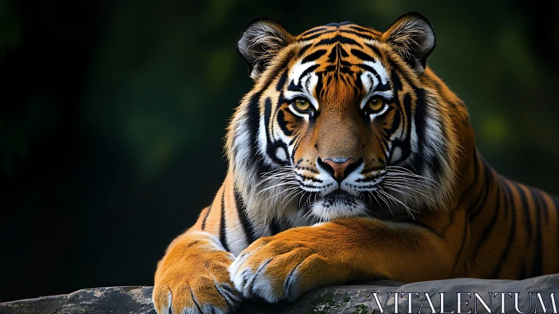 Silent jungle monarch resting in amber-striped splendor.