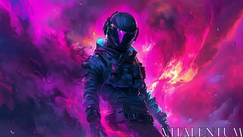 Neon storm-walker strides through electric magenta nebulae