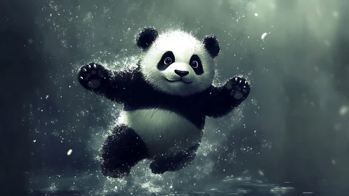 Joyful baby panda splashes in water with playful delight
