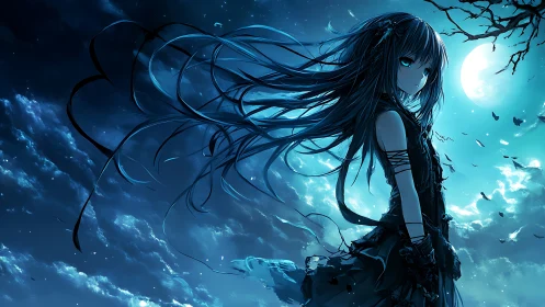 Lunar backlit anime girl in dynamic wind-swept silhouette frame.