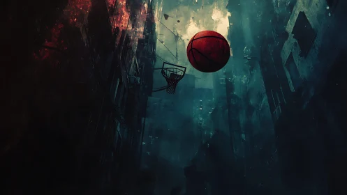 Midnight street basketball dream in a smoky city canyon.