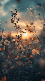 Wildflower silhouettes glowing in ember lit sunset bokeh.
