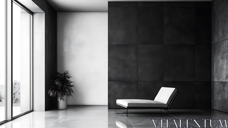 Calm minimalist lounge corner with soft light and greenery.