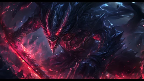 Demonic blade-wielding beast in molten red backlit armor.