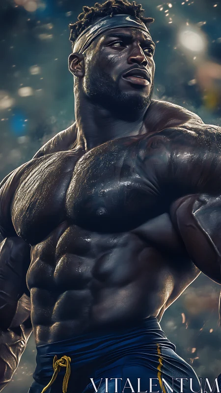 Hyper-defined muscular athlete in dramatic lighting portrait.