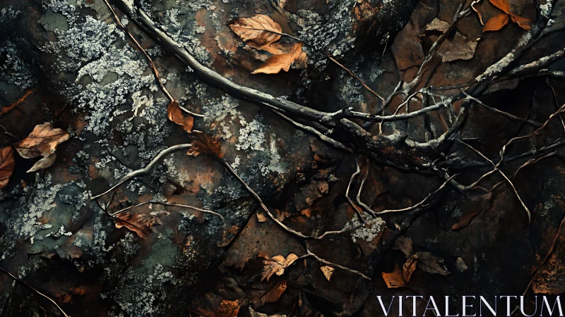 Autumn leaves and twigs with lichen on forest floor, moody realism.